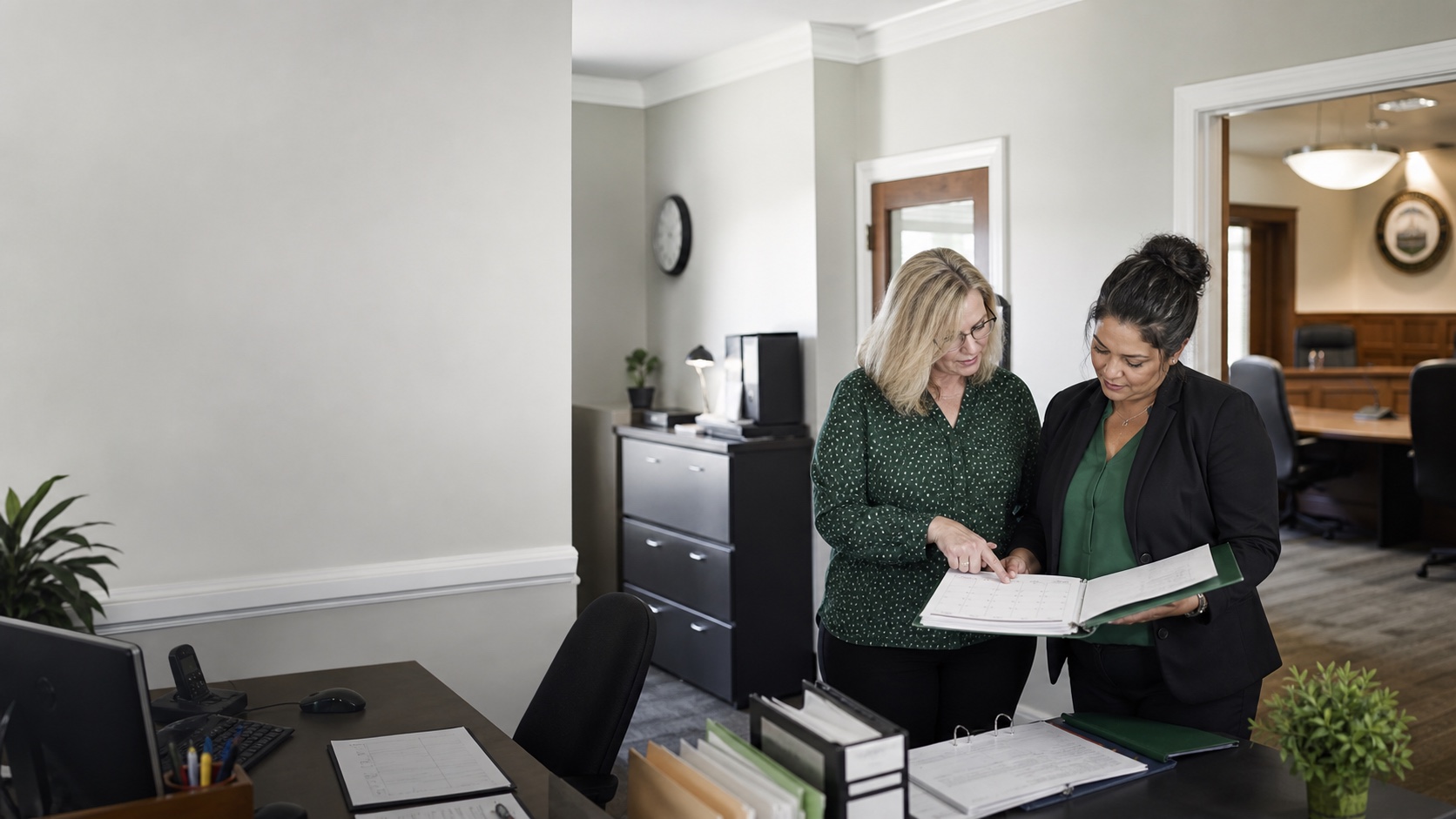Municipal staff reviewing schedules and records in a town office