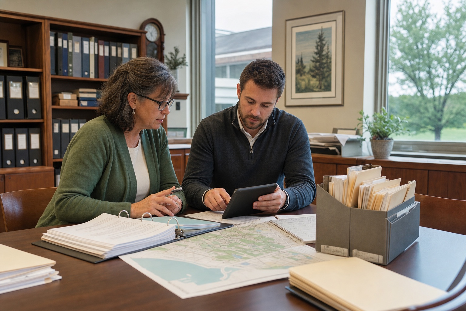 Municipal staff reviewing records and schedules together